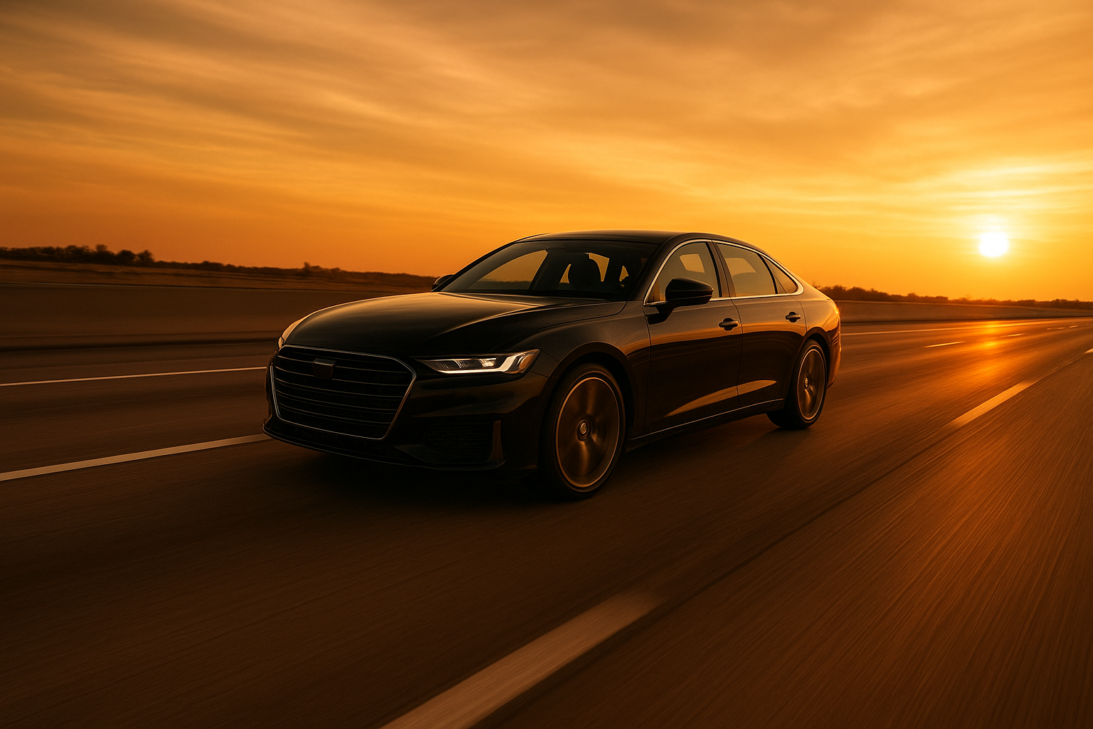 Luxury sedan providing long distance chauffeured service on a highway at sunset