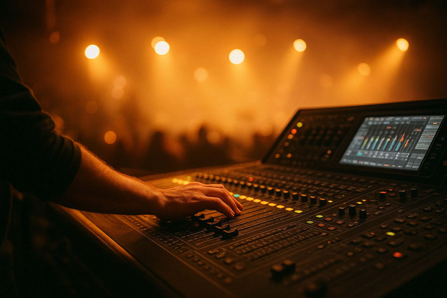 Sound engineer operating a digital mixing console as part of a professional event AV production team