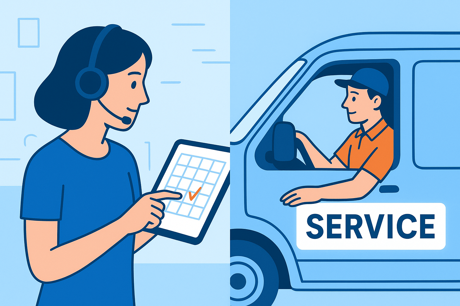 Dispatcher booking a job on a calendar while a technician drives to a job site call