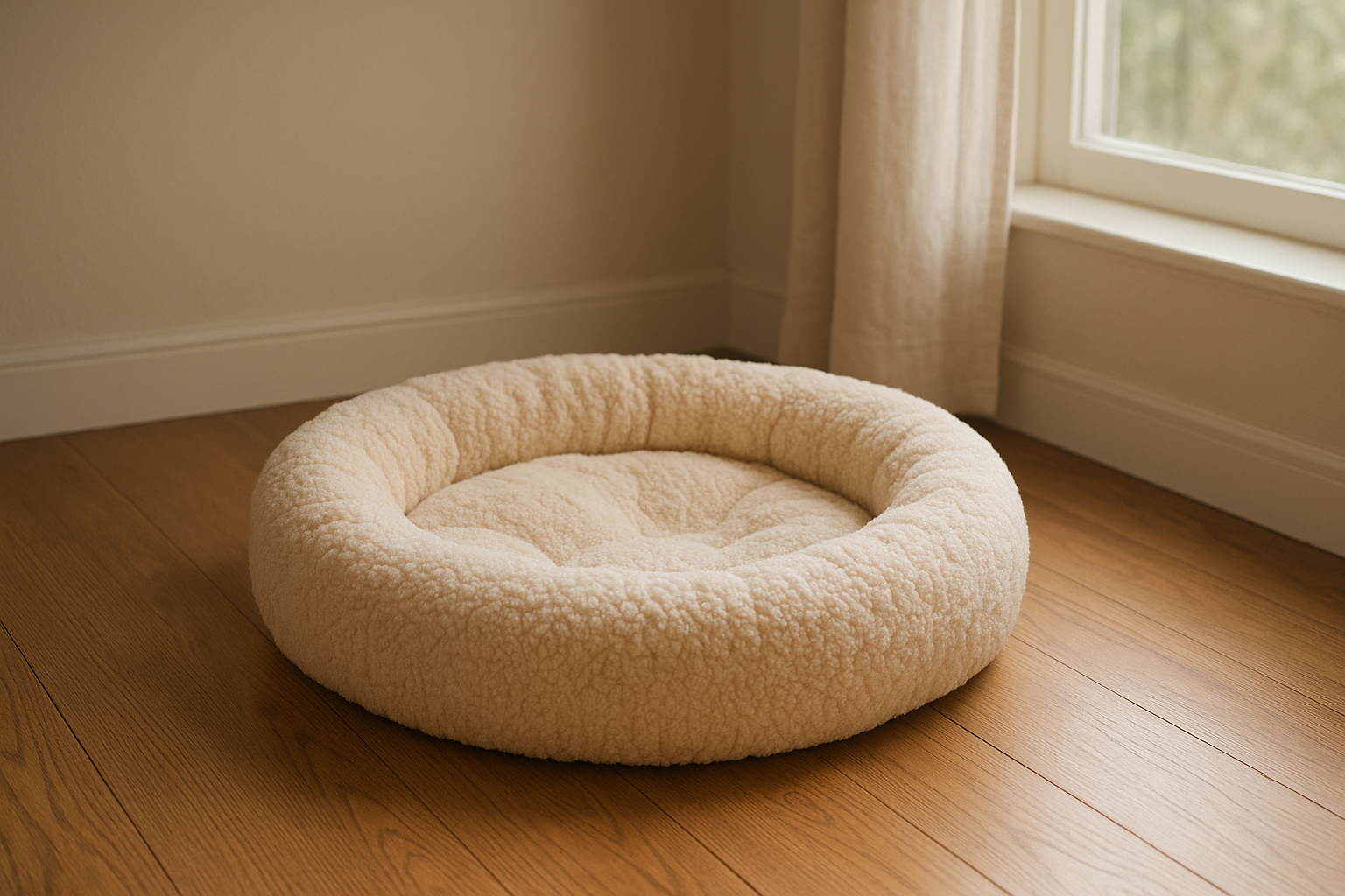 Soft round dog bed placed in a sunny corner of a living room