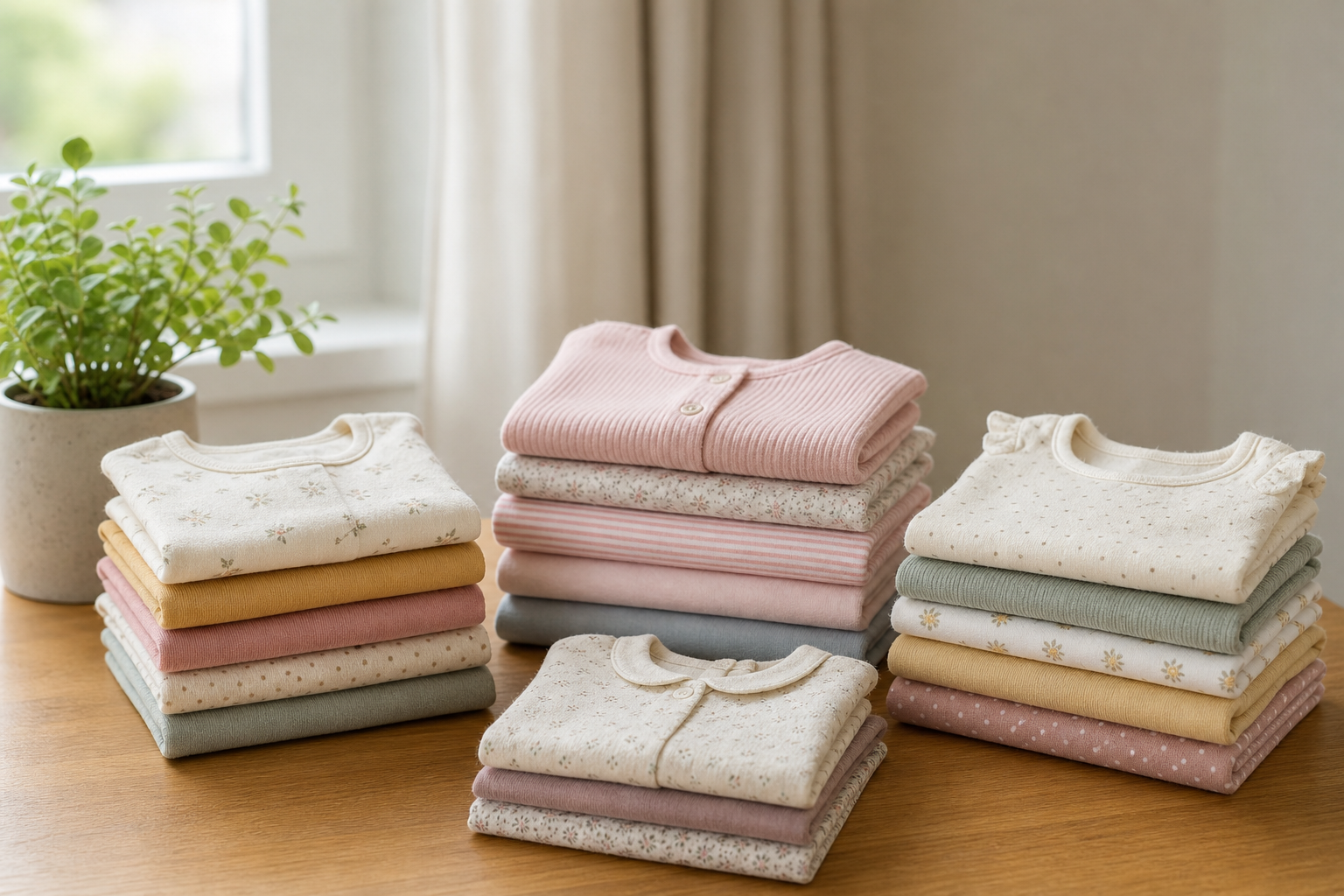 Neatly folded toddler clothing stacked on a table representing sustainable kids fashion