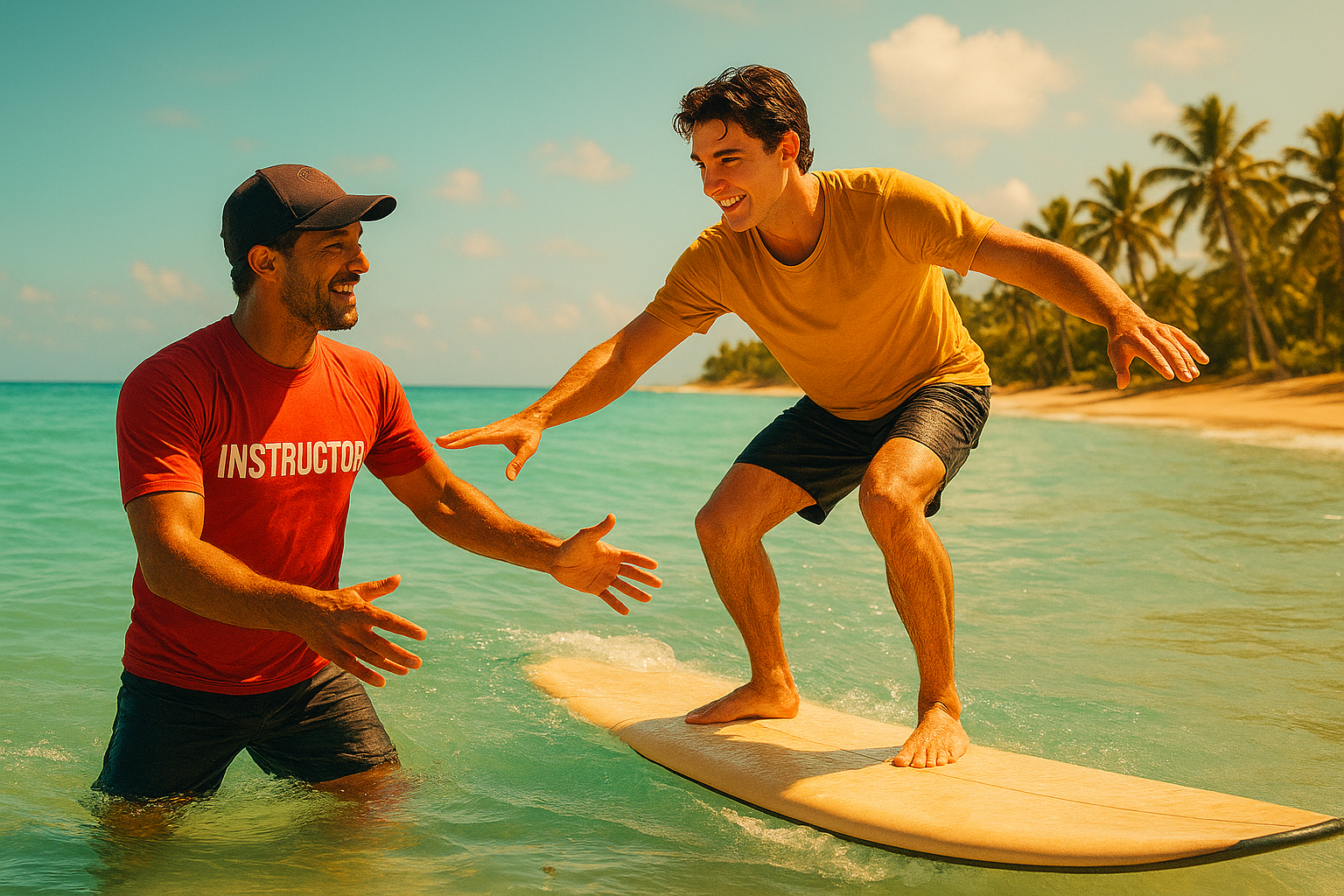 A surf instructor helping a student stand on a surfboard during a Waikiki surf lesson in shallow water