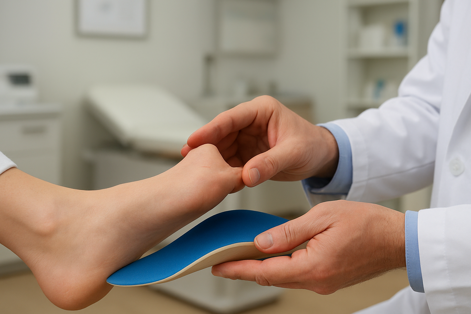 Podiatrist fitting a custom orthotic insole for a patient with flat feet