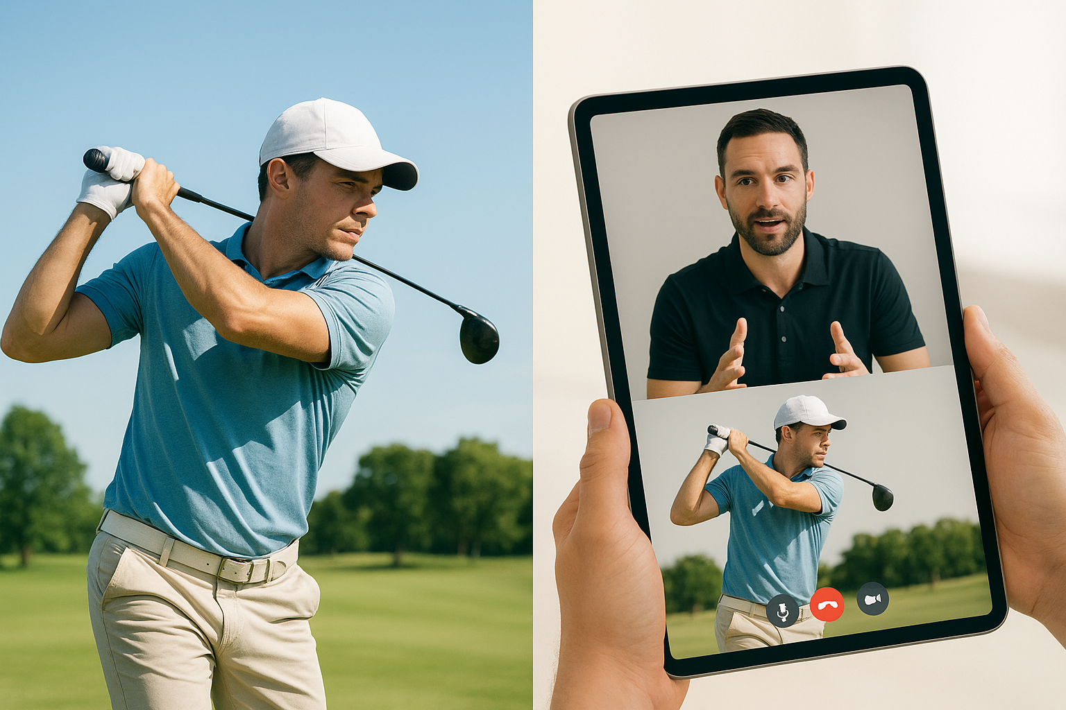 Golfer participating in a remote video coaching session for swing improvement