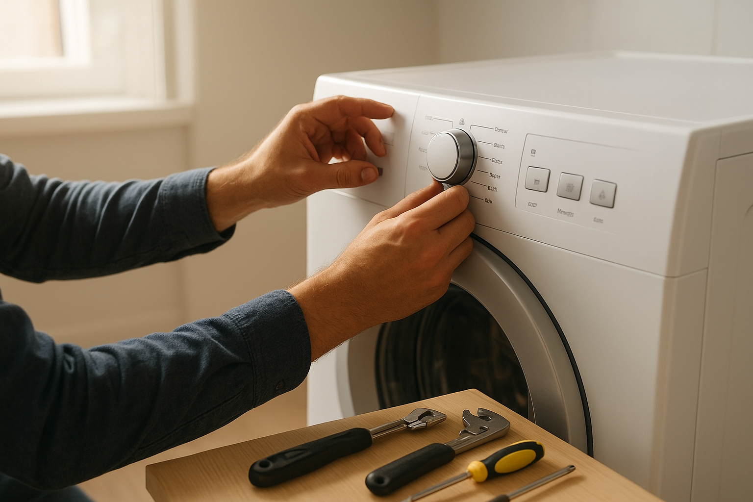 Technician repairing a washing machine control panel in a Sonoma County home laundry room