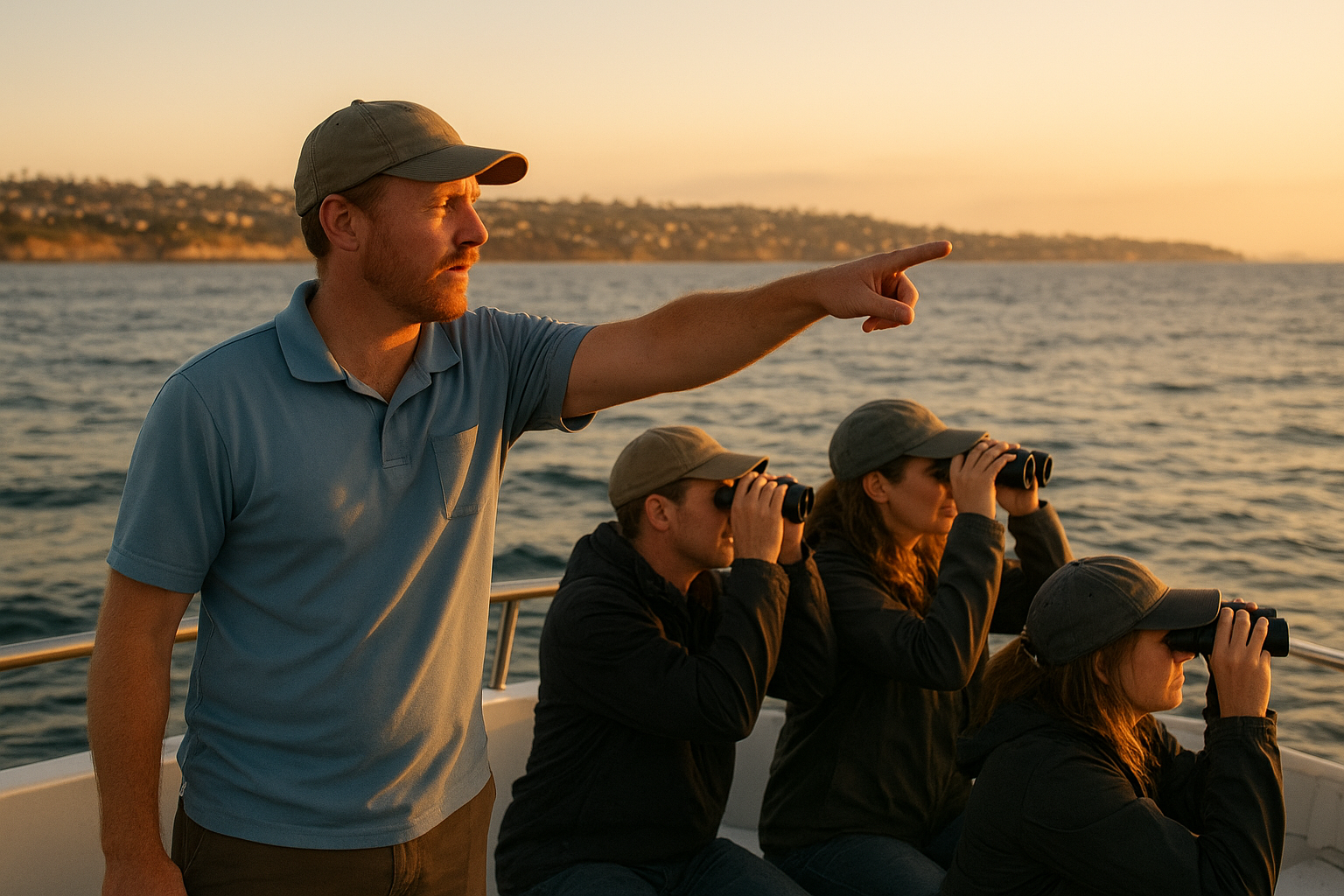 Naturalist guiding guests during a whale watching tour in San Diego