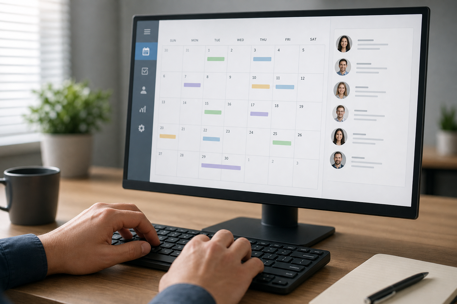 Calendar and contact records linked together on a business software screen