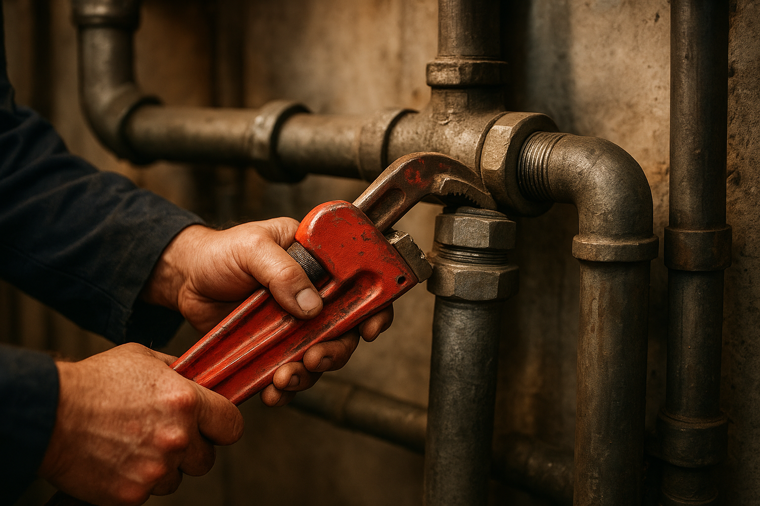 9aed9754_commercial-pipe-fitting-repair Plumber tightening a commercial pipe fitting during a Kaufman County service call