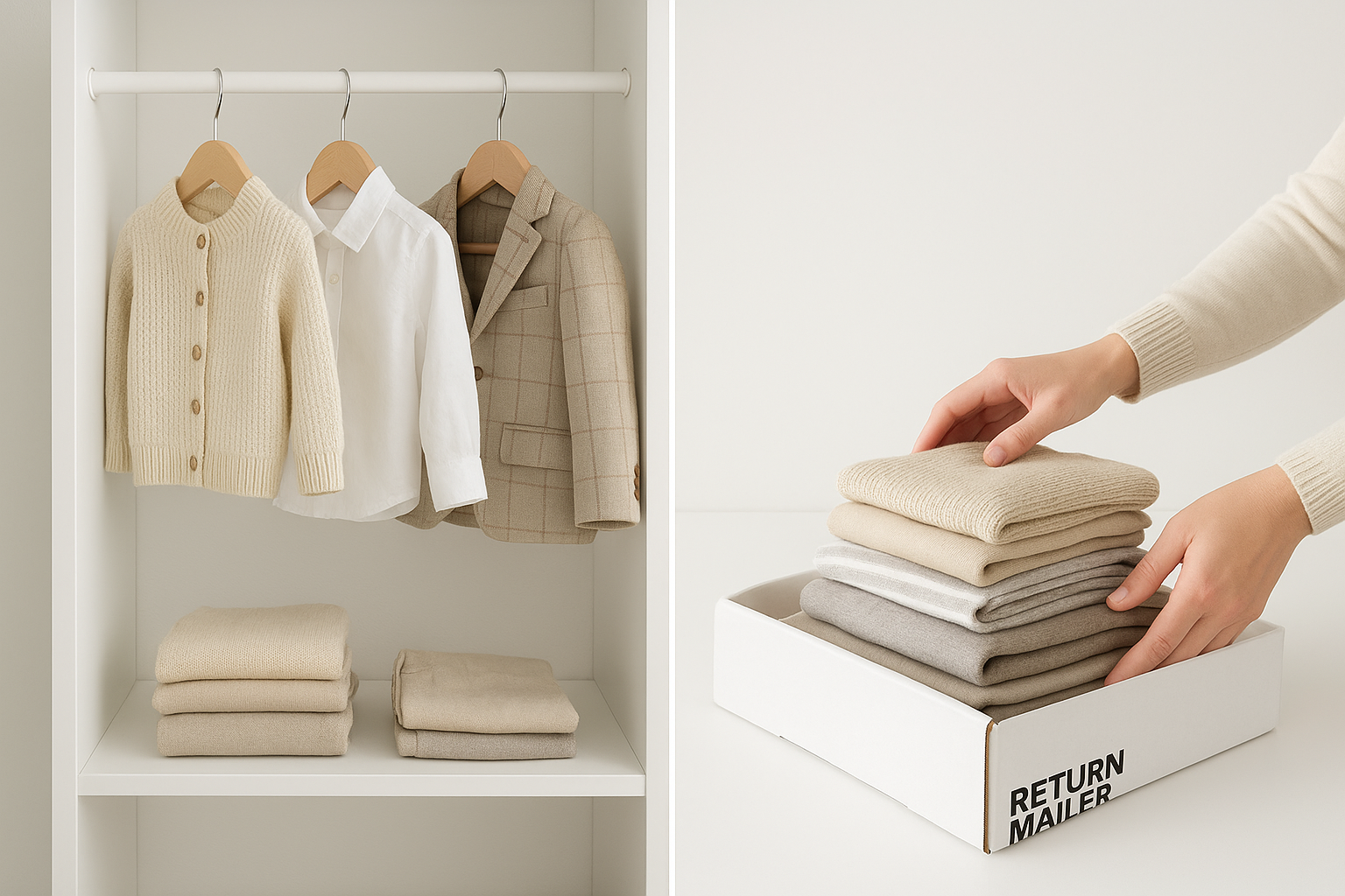 Comparison of a minimal kids closet against clothing packed for a rental return mailer