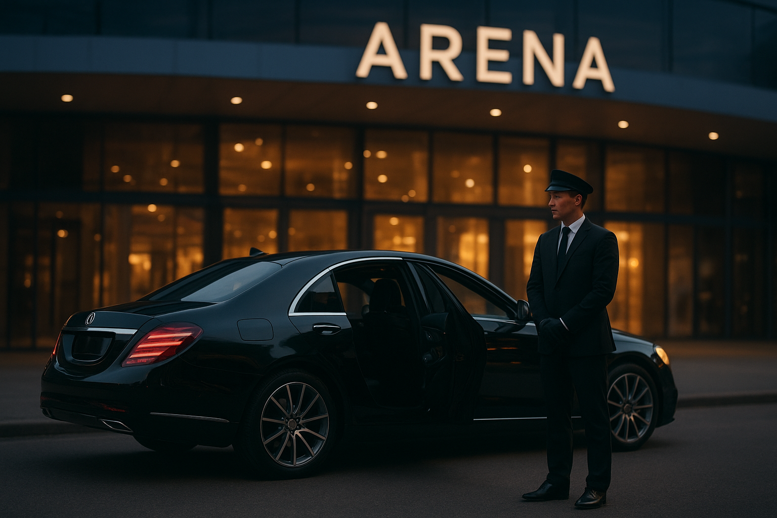 Kia Forum chauffeur from Long Beach standing beside a private sedan at the venue entrance