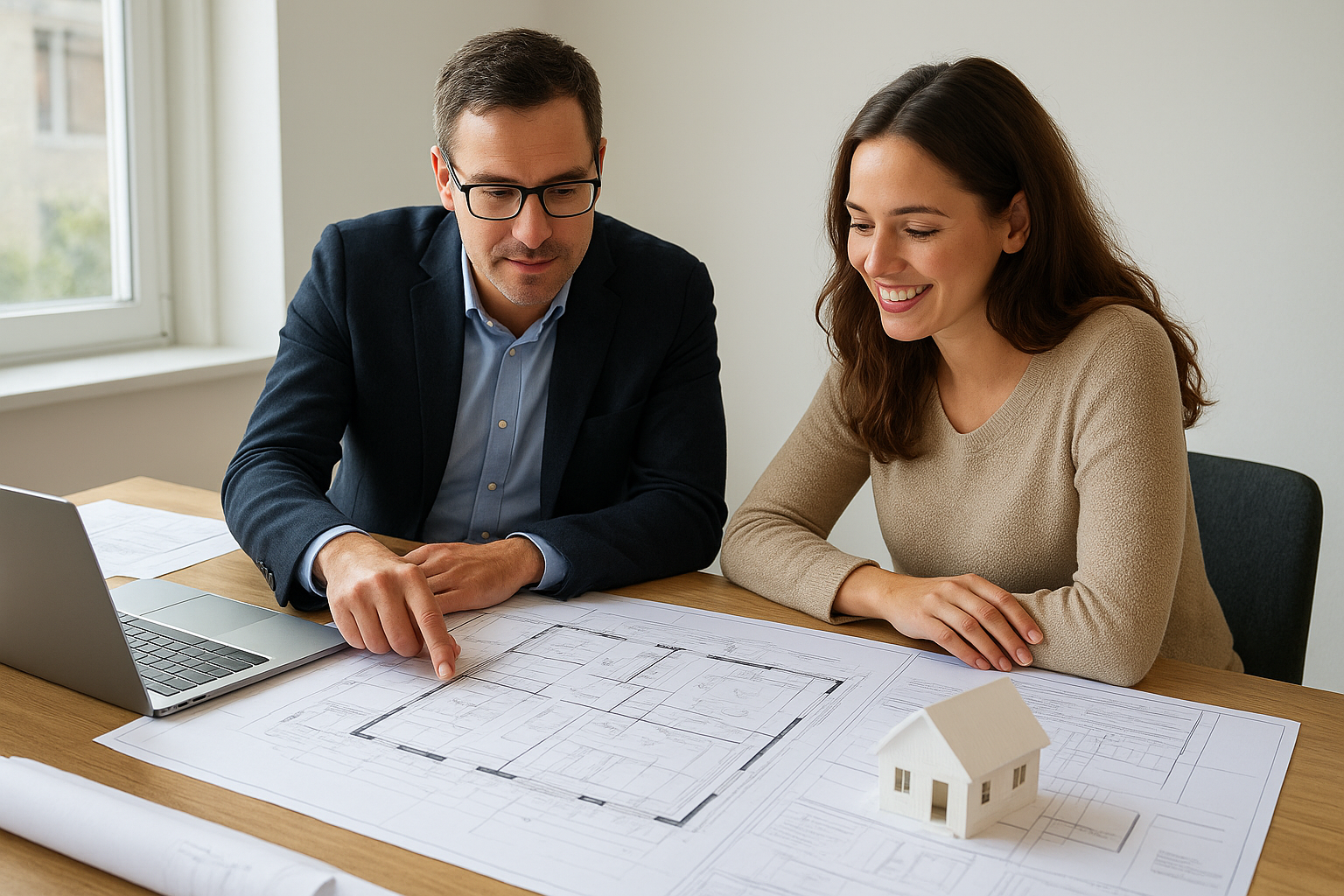 Homeowner and architect planning an ADU project with blueprints and construction documents