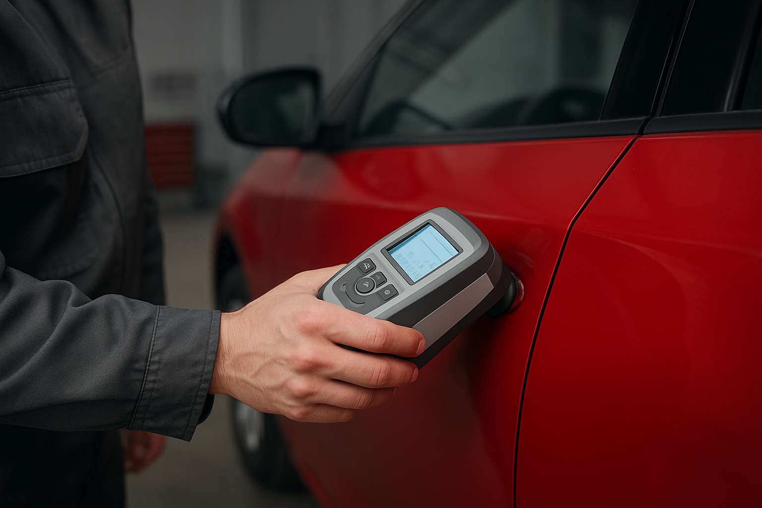 Technician using computerized paint matching equipment during auto body color restoration