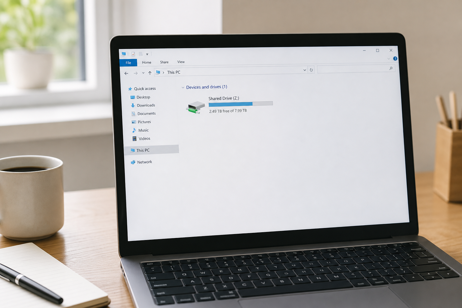 Laptop screen showing a mapped network drive used as a OneDrive alternative for small business file storage