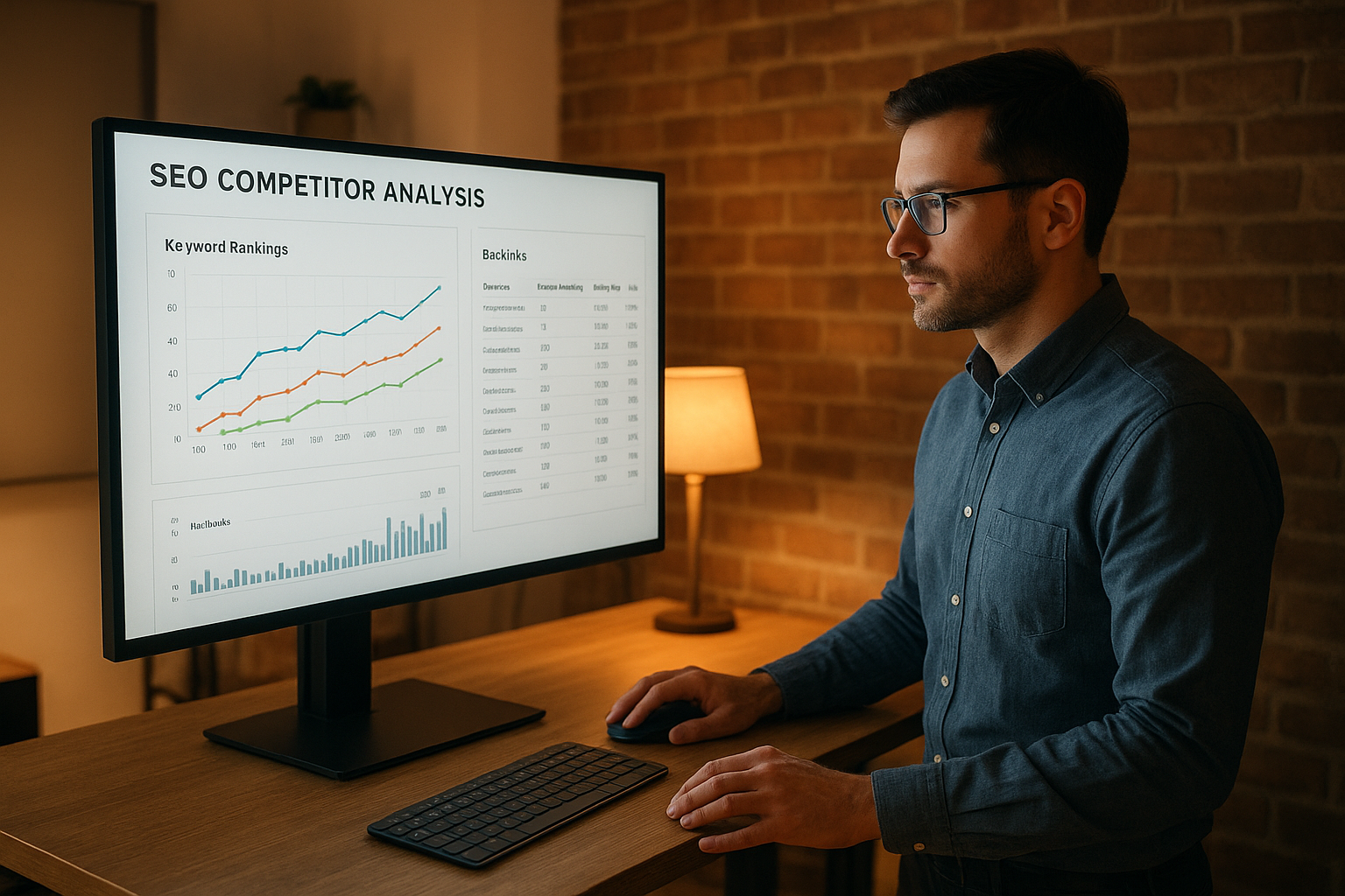 Entrepreneur reviewing SEO competitor analysis data using search ranking tools