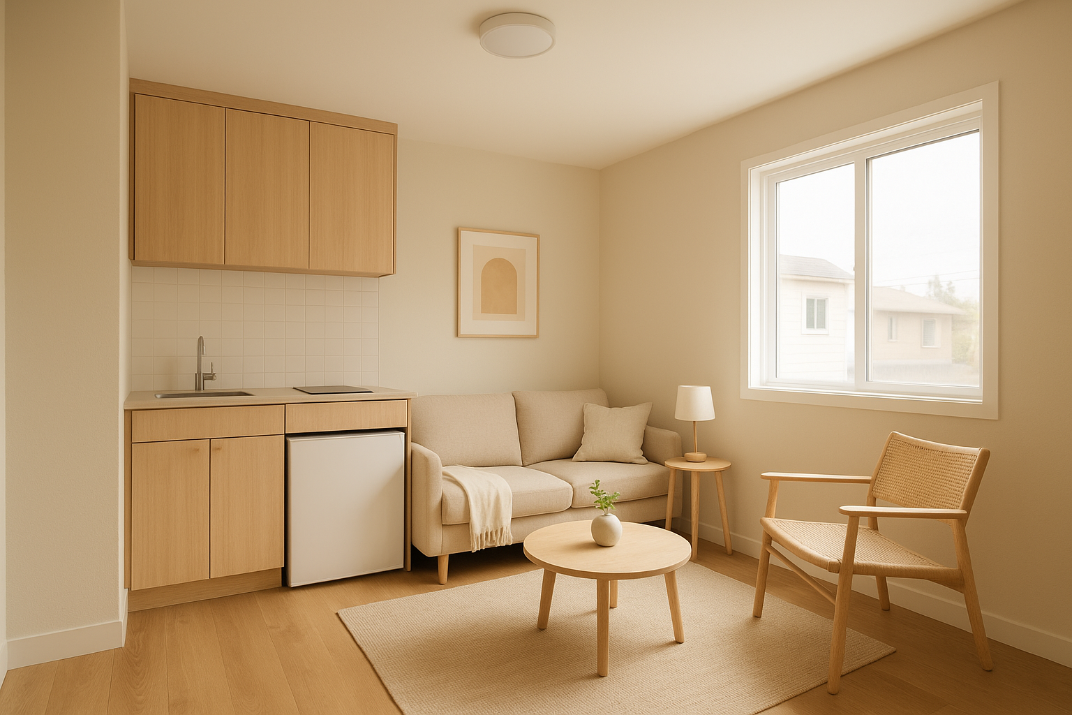 Bright interior layout of a compact ADU studio with kitchenette and living space