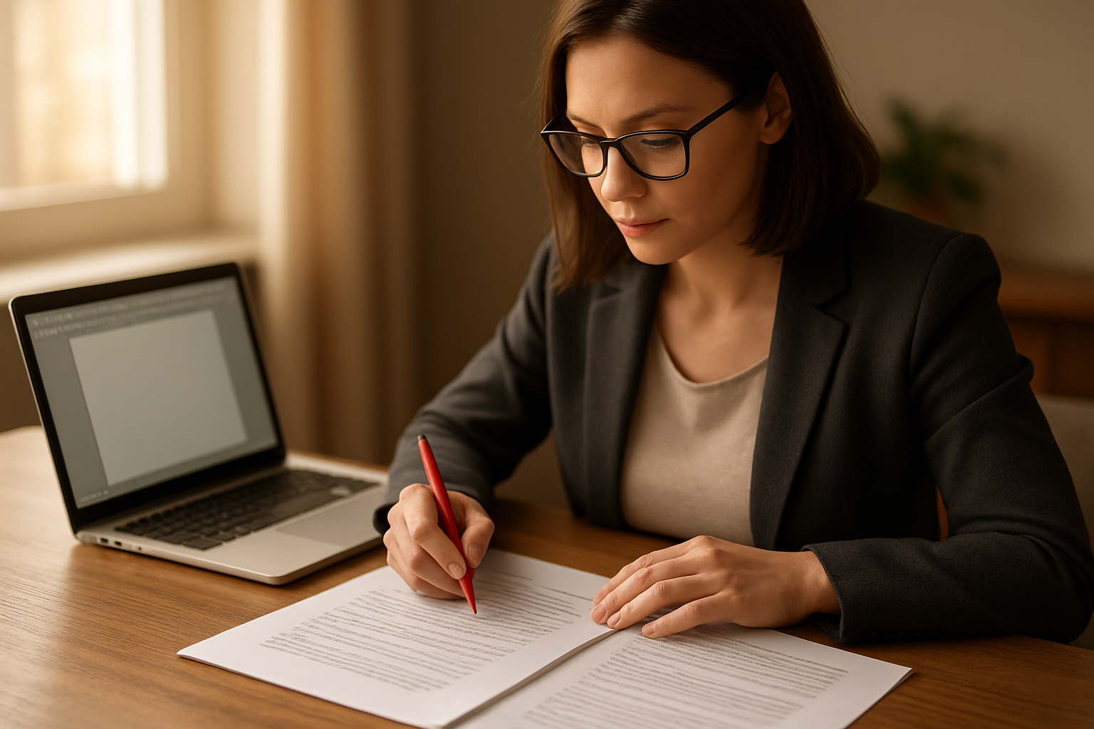 Content writer carefully reviewing and editing humanized AI text output on printed documents