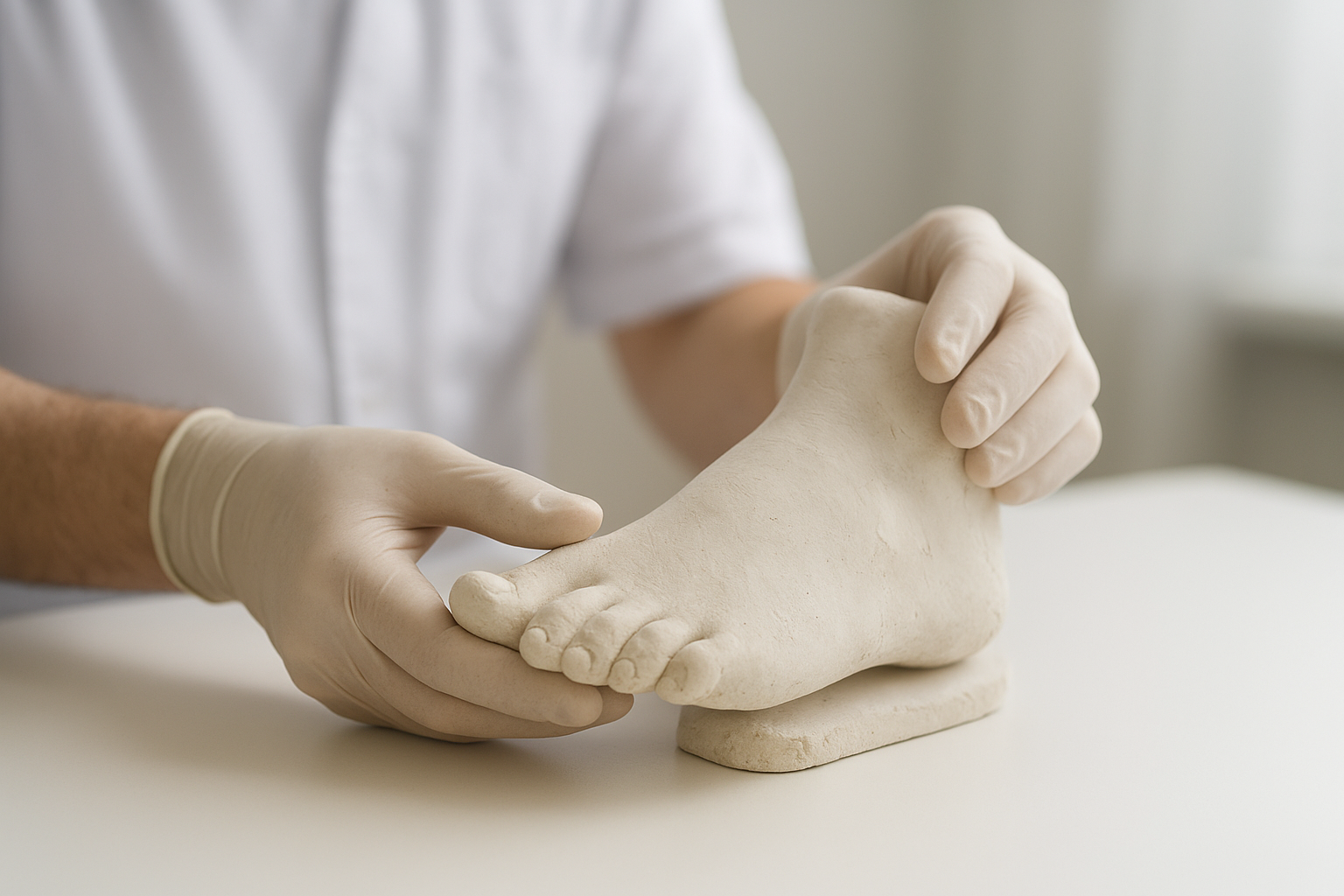 Podiatrist examining a foot mold used to fabricate custom orthotics for daily use
