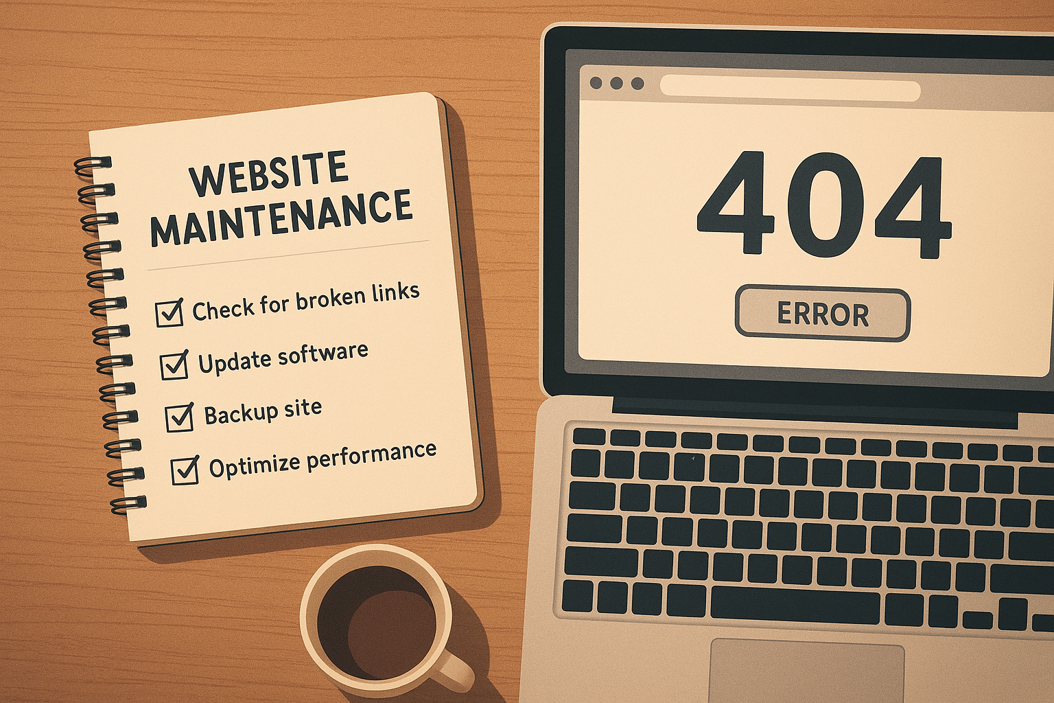 Checklist and laptop screen showing a 404 error page during a website link audit process