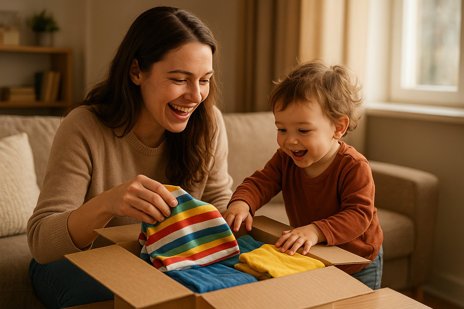 Parent and child unpacking a bundle of children's rental clothing from a delivery box at home