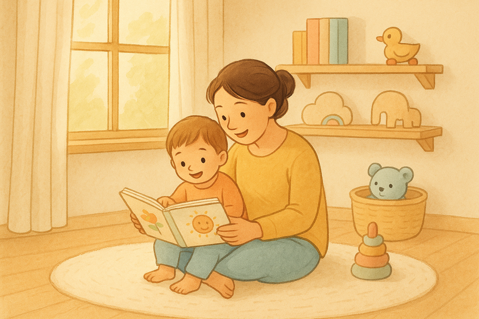 Parent reading a core vocabulary story with a toddler at home