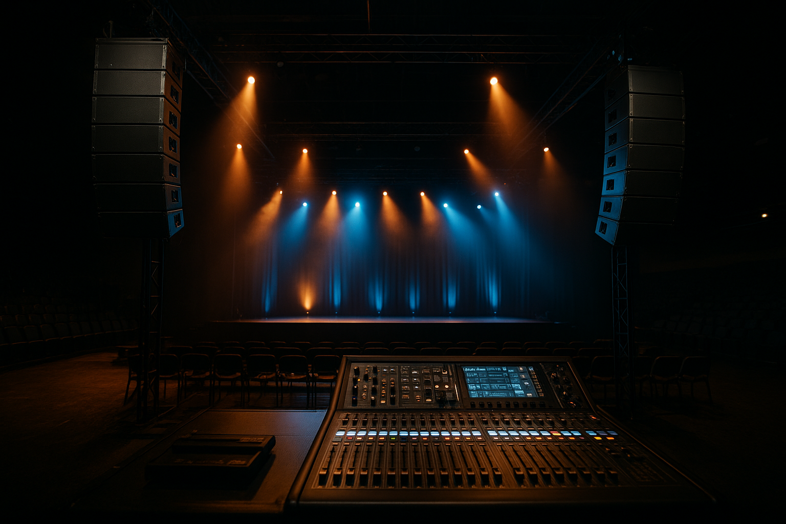 Professional AV rental setup in Evansville IN with line-array speakers and stage lighting at an indoor event venue