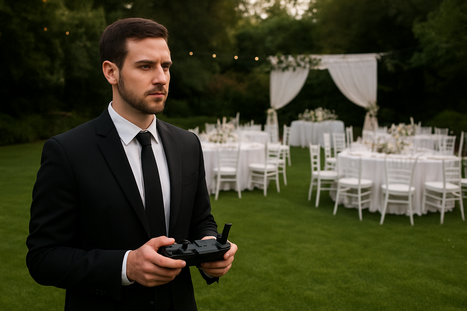 Professional drone pilot operating controller at a Louisiana wedding venue