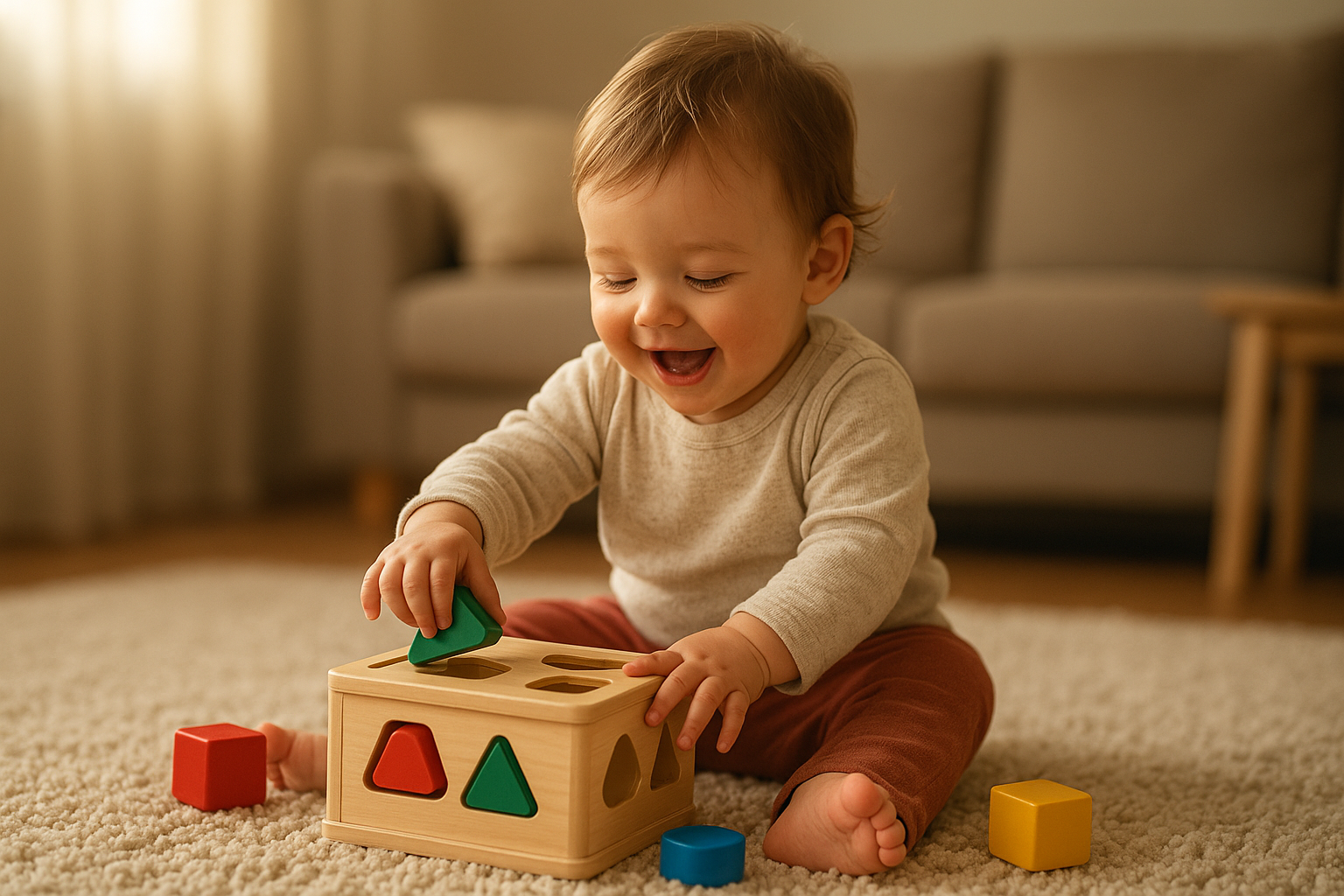Toddler playing with a colorful wooden shape sorter, an example of affordable kids toys for early development