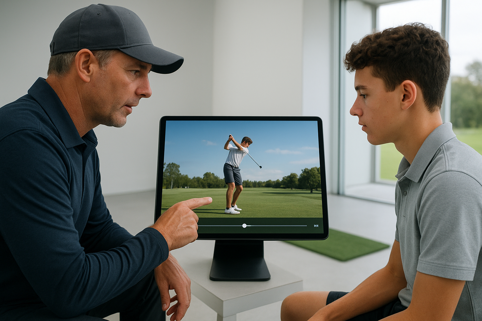 Coach reviewing slow-motion swing video during a remote golf training session