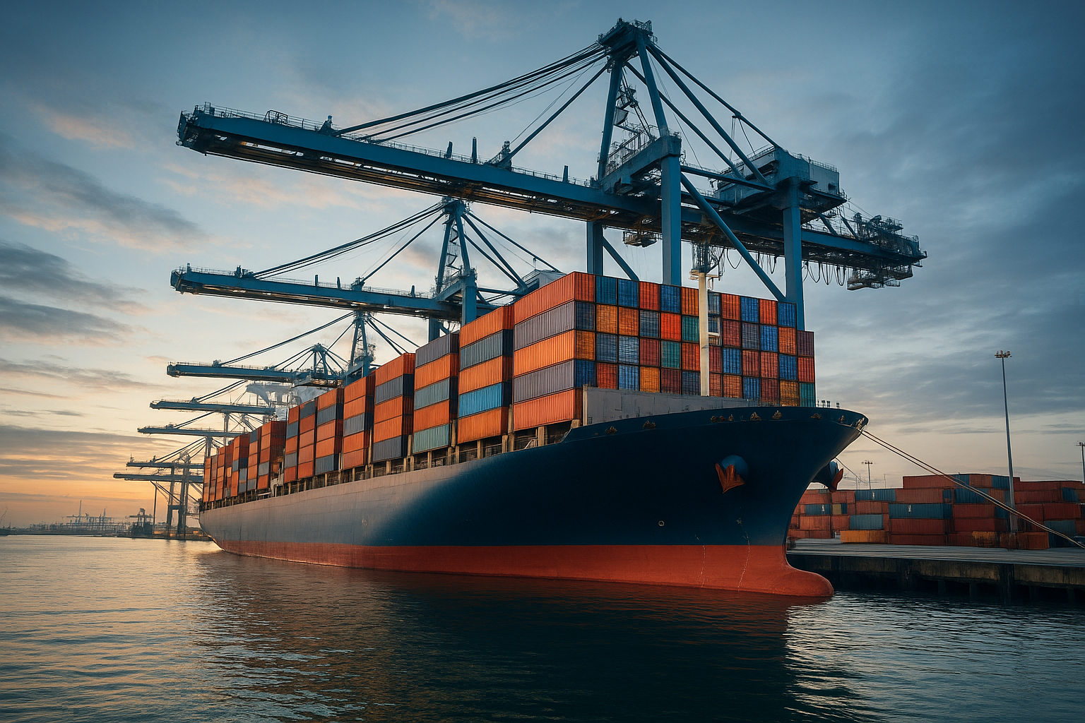 Large cargo ship loaded with stacked shipping containers docked at a port terminal