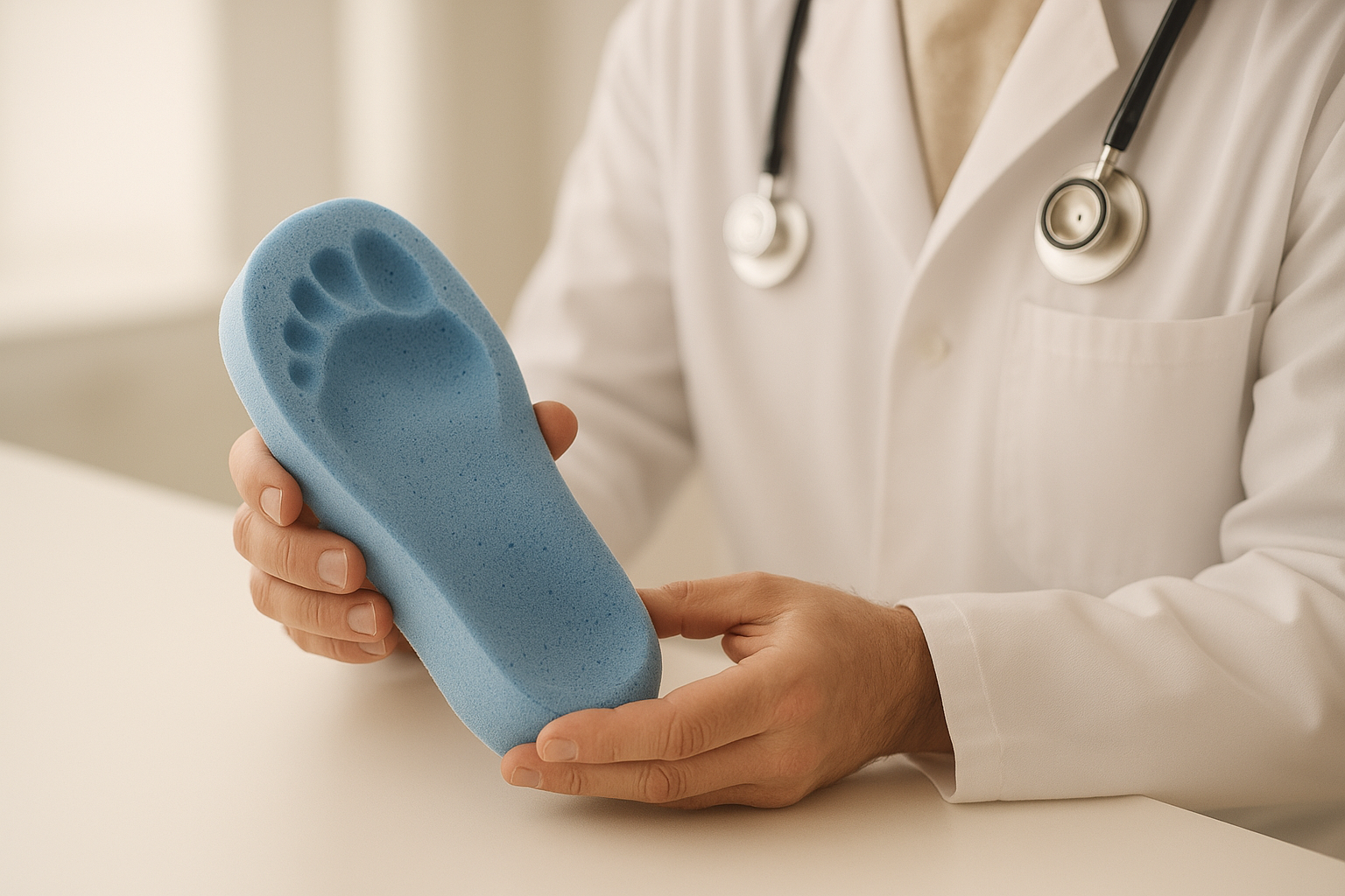 Podiatrist reviewing a foot mold used to fabricate a custom made insole