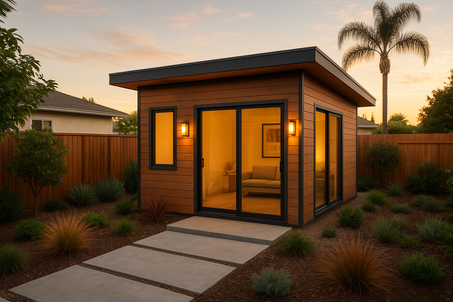 Modern prefab accessory dwelling unit installed in a backyard in Southern California
