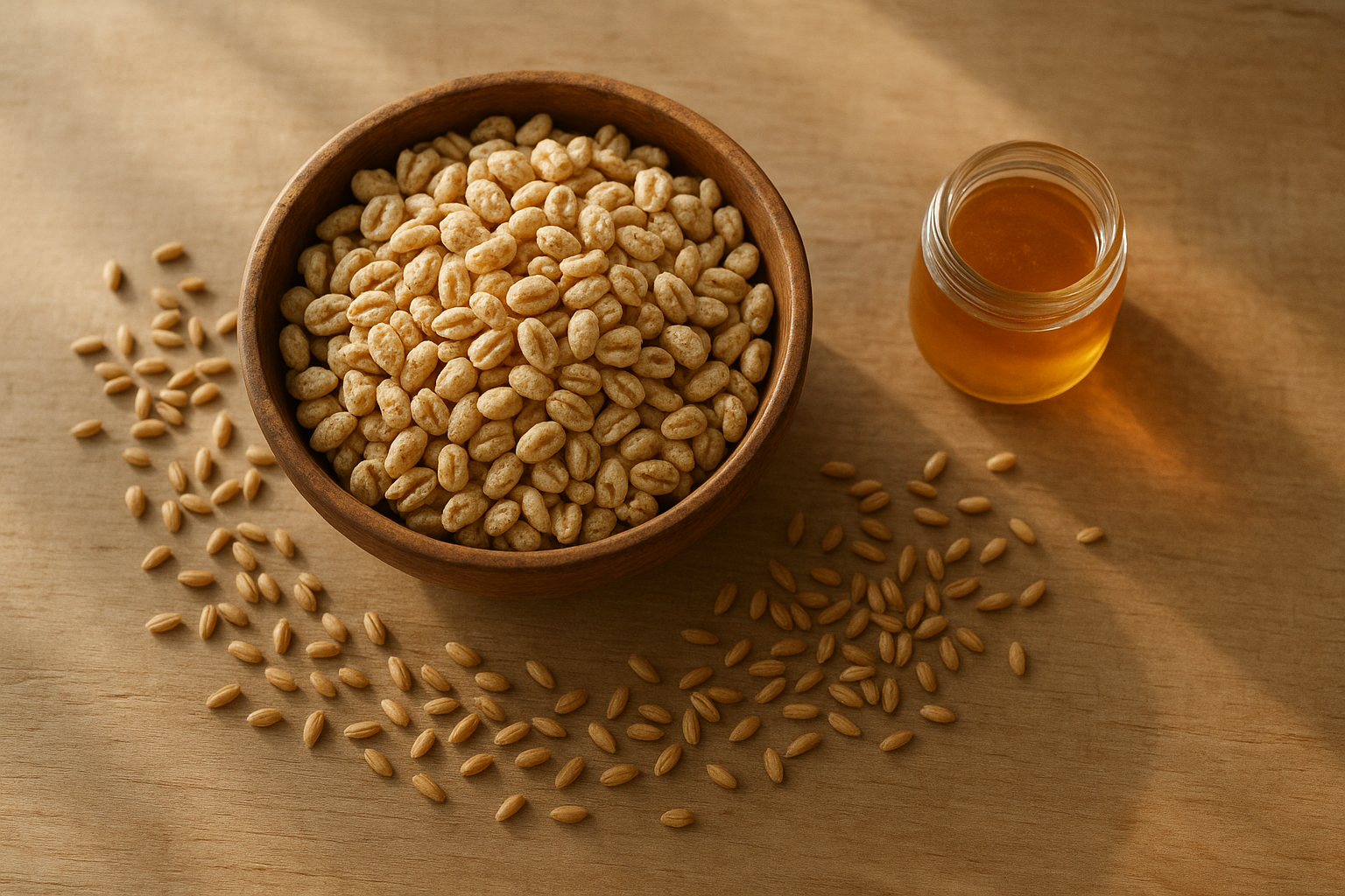 Bowl of real food cereal made from puffed whole grains next to raw wheat berries