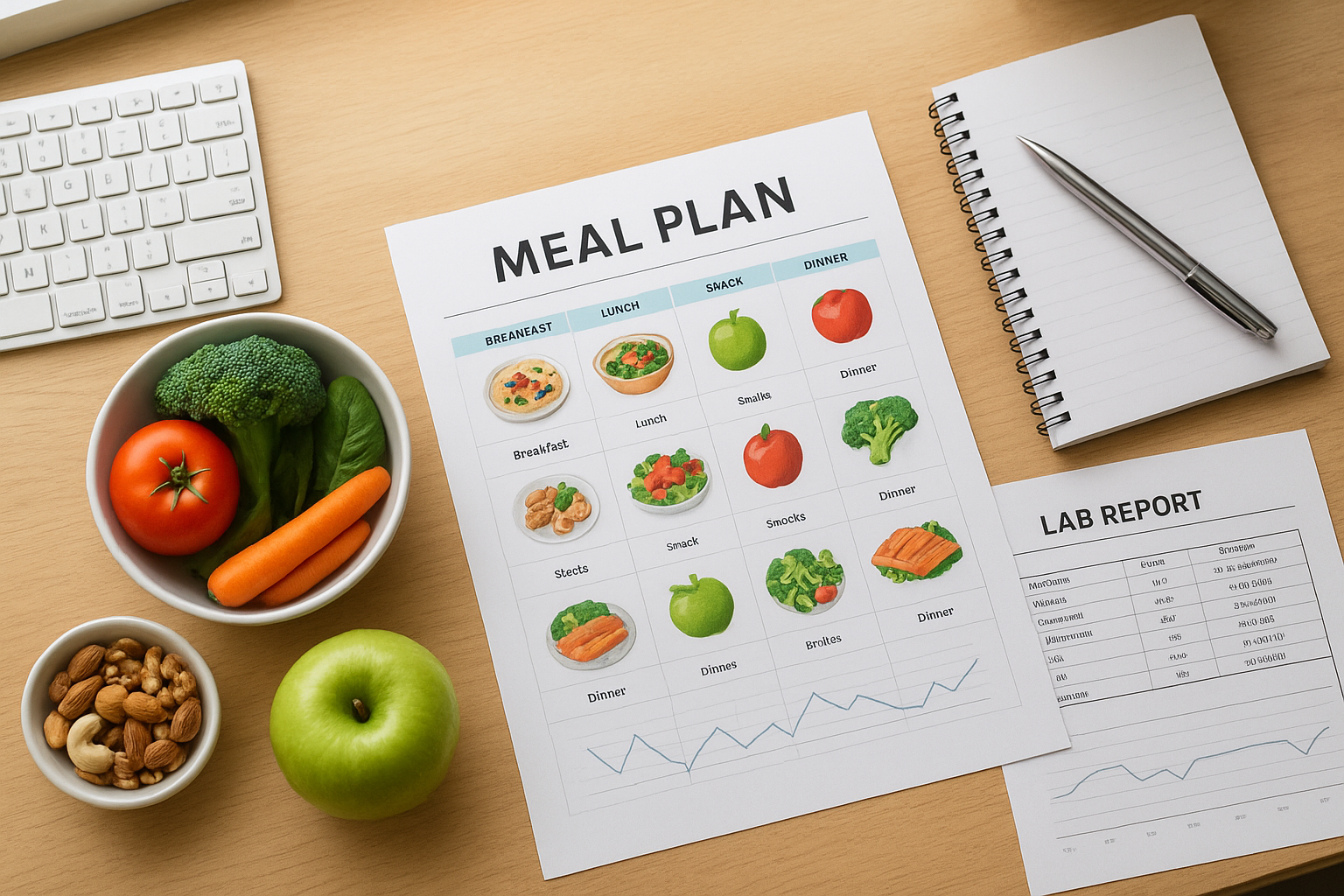 Nutritional counselling for hormone health session with whole foods and lab results on a desk