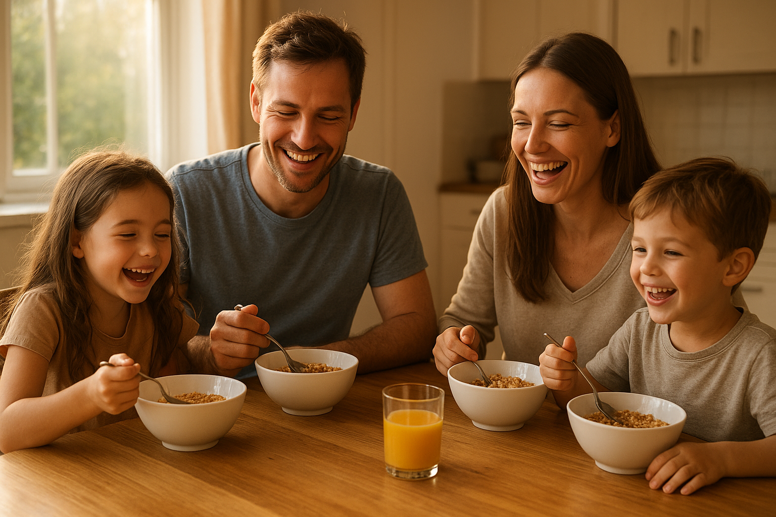 Family eating a healthy kids breakfast cereal together at the kitchen table