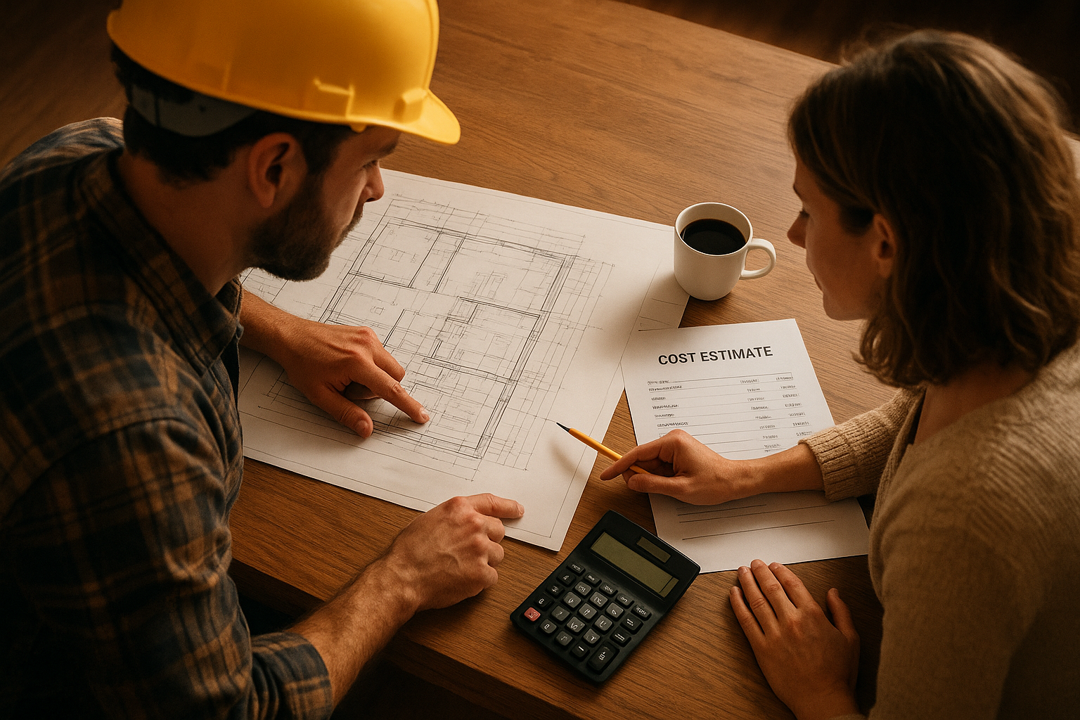 Contractor and homeowner reviewing ADU cost estimator documents and blueprints at a planning table