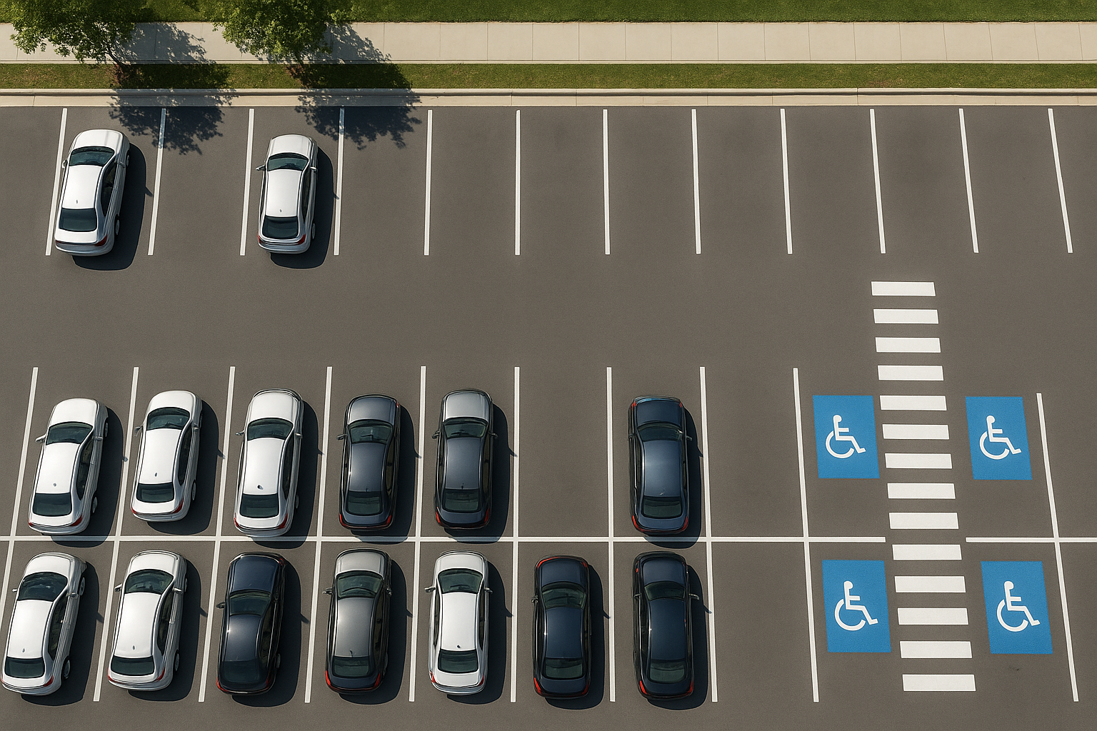 Overhead view of a well-organized parking lot with durable line striping, directional arrows, and ADA accessible spaces