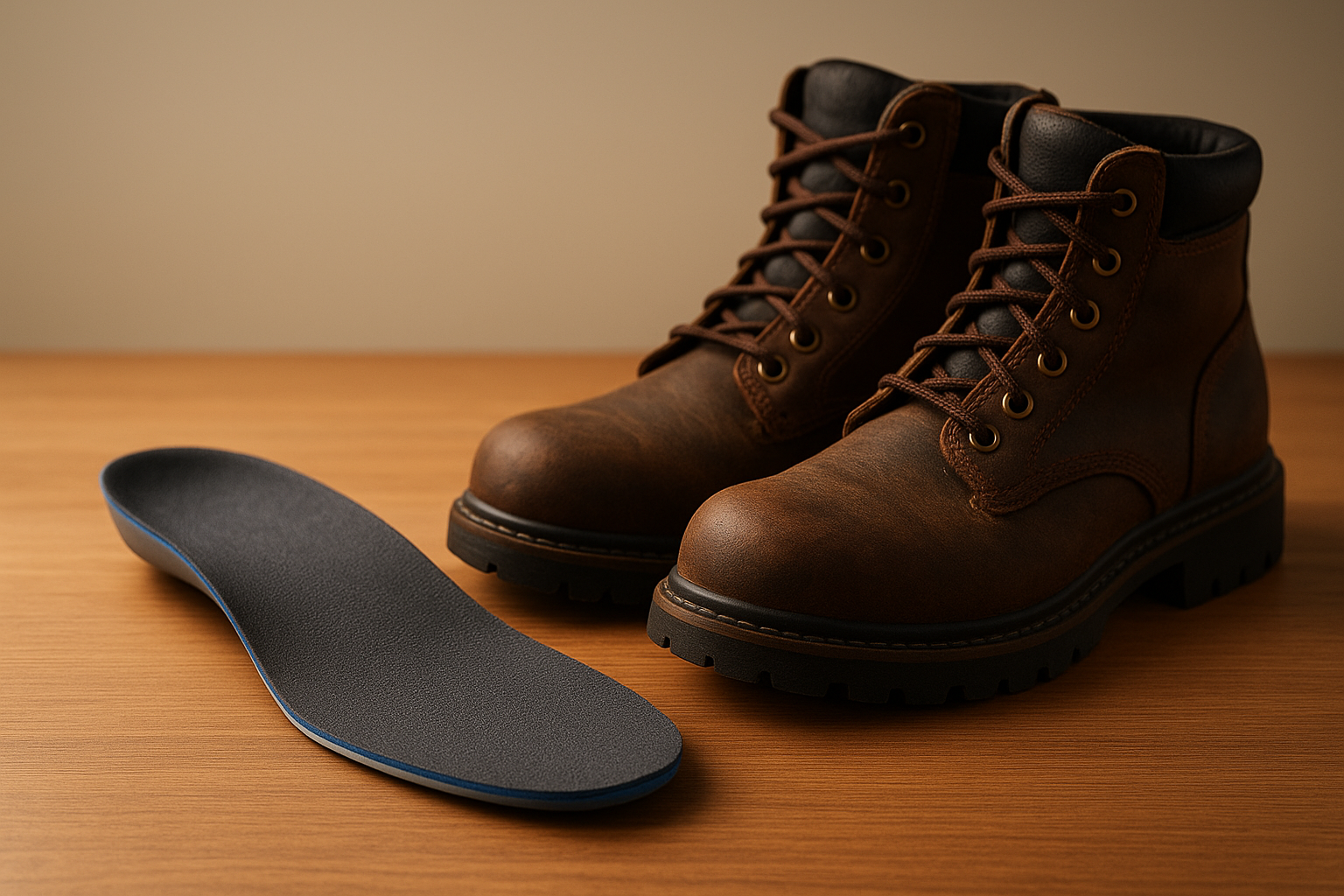 Custom foot supports for standing jobs displayed beside heavy-duty work boots