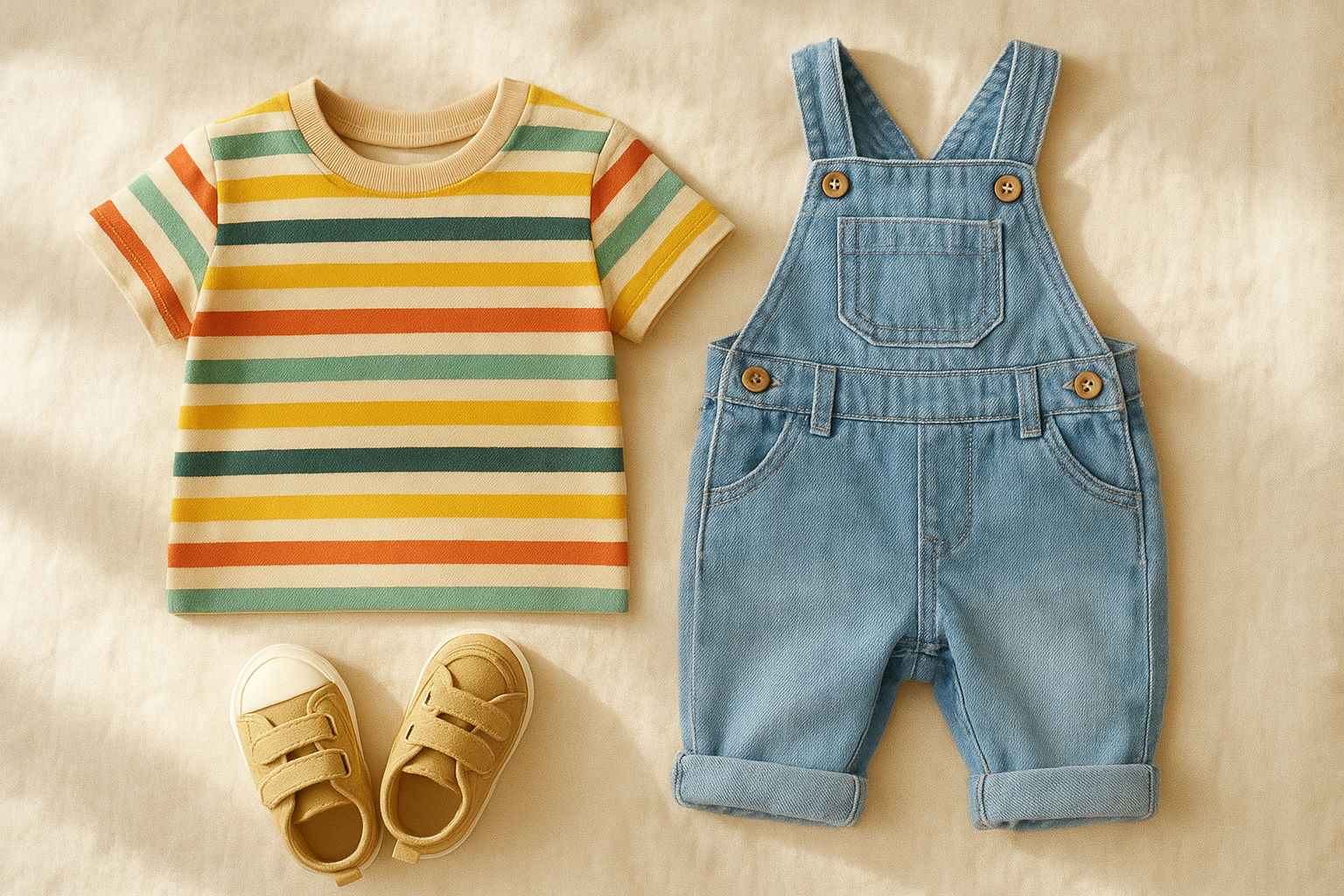 Flat-lay of curated little ones clothing subscription items including toddler outfits on a cream surface