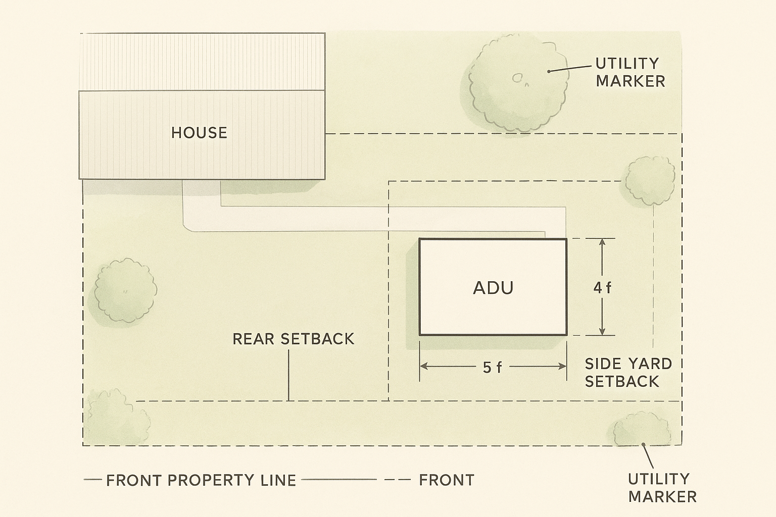 lot feasibility study for adu in riverside diagram showing setback lines and utility markers