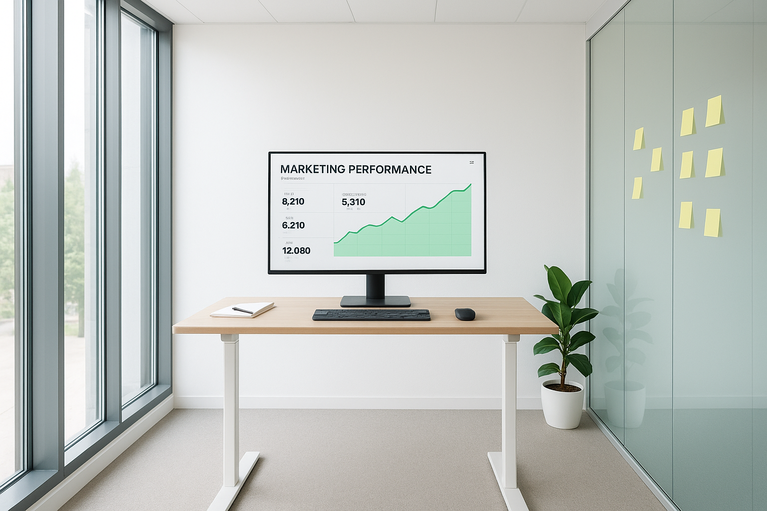 Small business marketing team reviewing growth metrics on a dashboard powered by AI marketing software