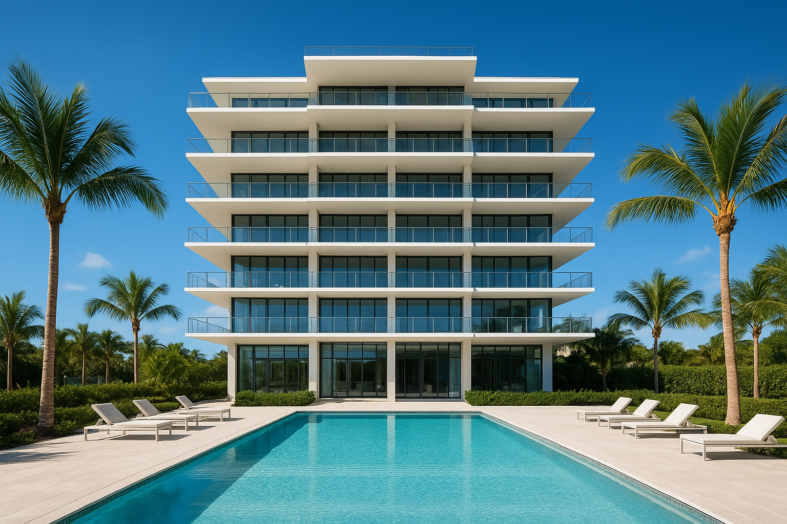 Modern luxury condominium building in Palm Beach County with pool and ocean view