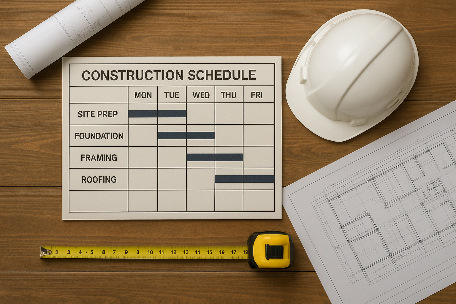 Schedule board and blueprints used for planning ADU construction timelines