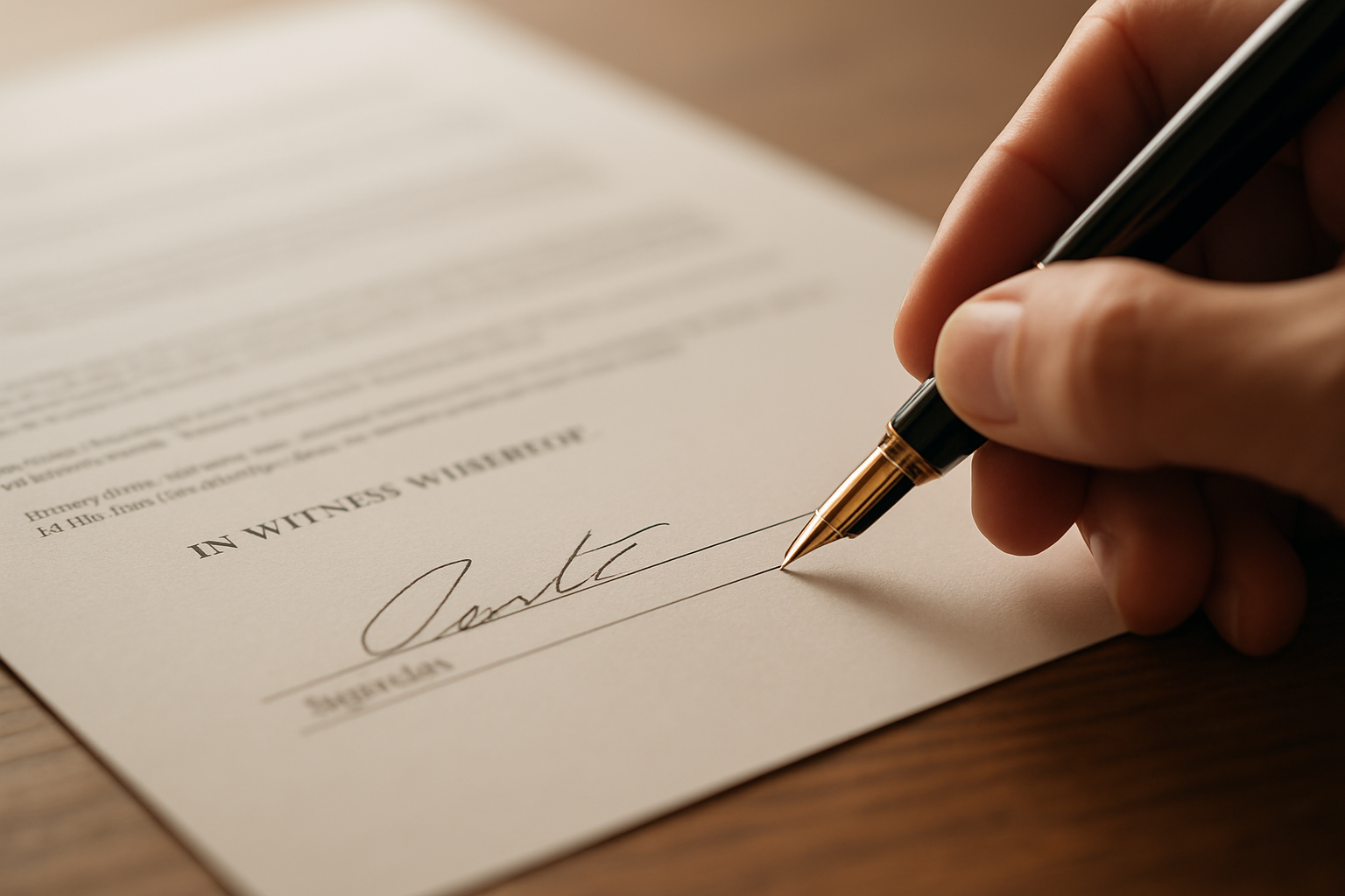 Close-up of a pen signing an HR consulting contract on a professional desk