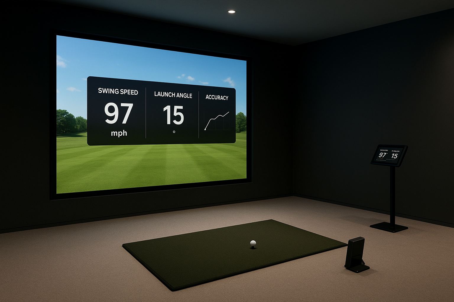Launch monitor display showing golf swing speed and accuracy data metrics