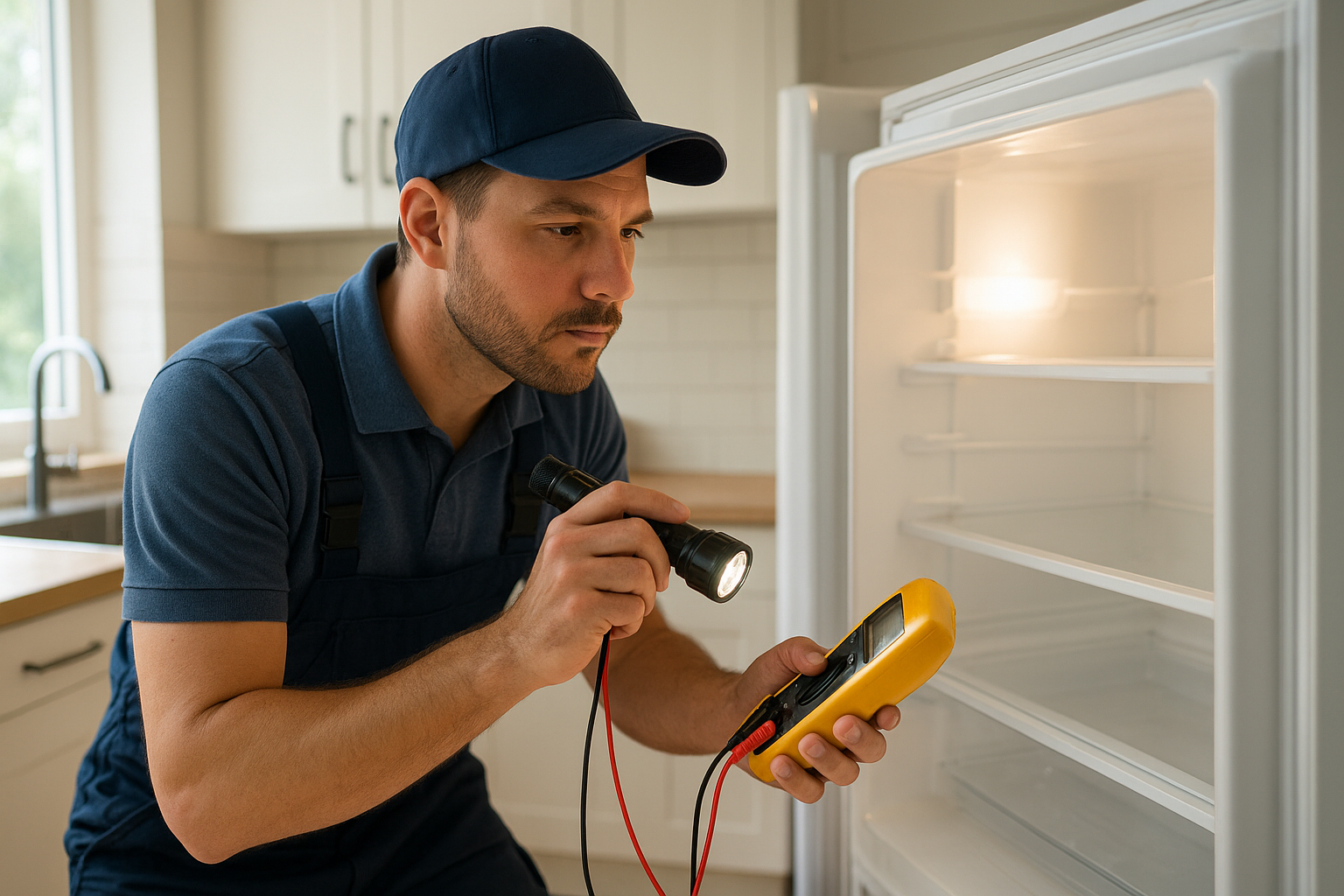 Technician inspecting a refrigerator during a refrigerator repair service near me appointment