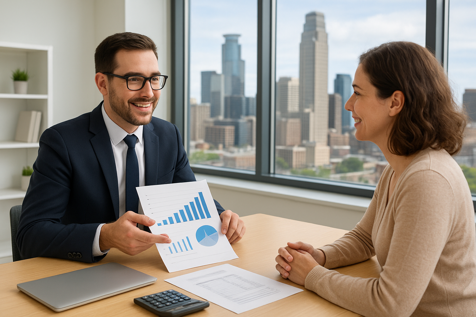 Accountant explaining a financial report to a Minneapolis small business client