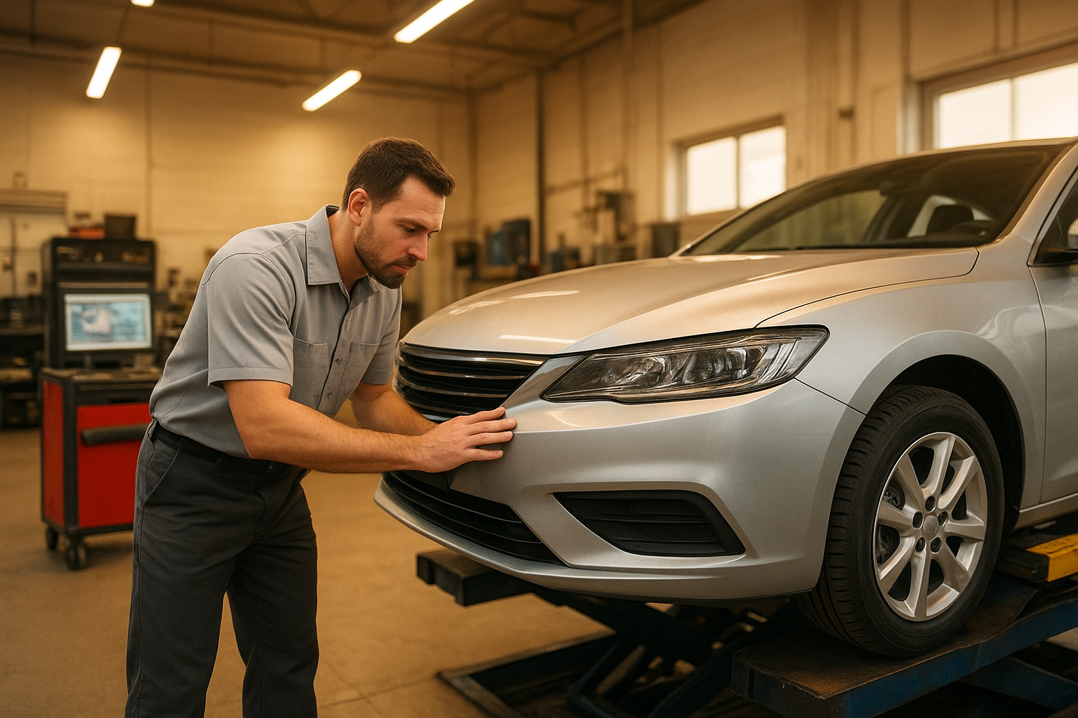 Certified 2A body shop technician inspecting a vehicle during collision repair