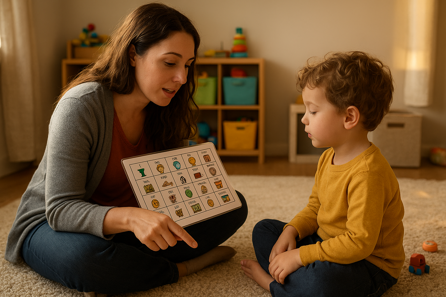 SLP using a core vocabulary printable board with a young child during a play-based therapy session