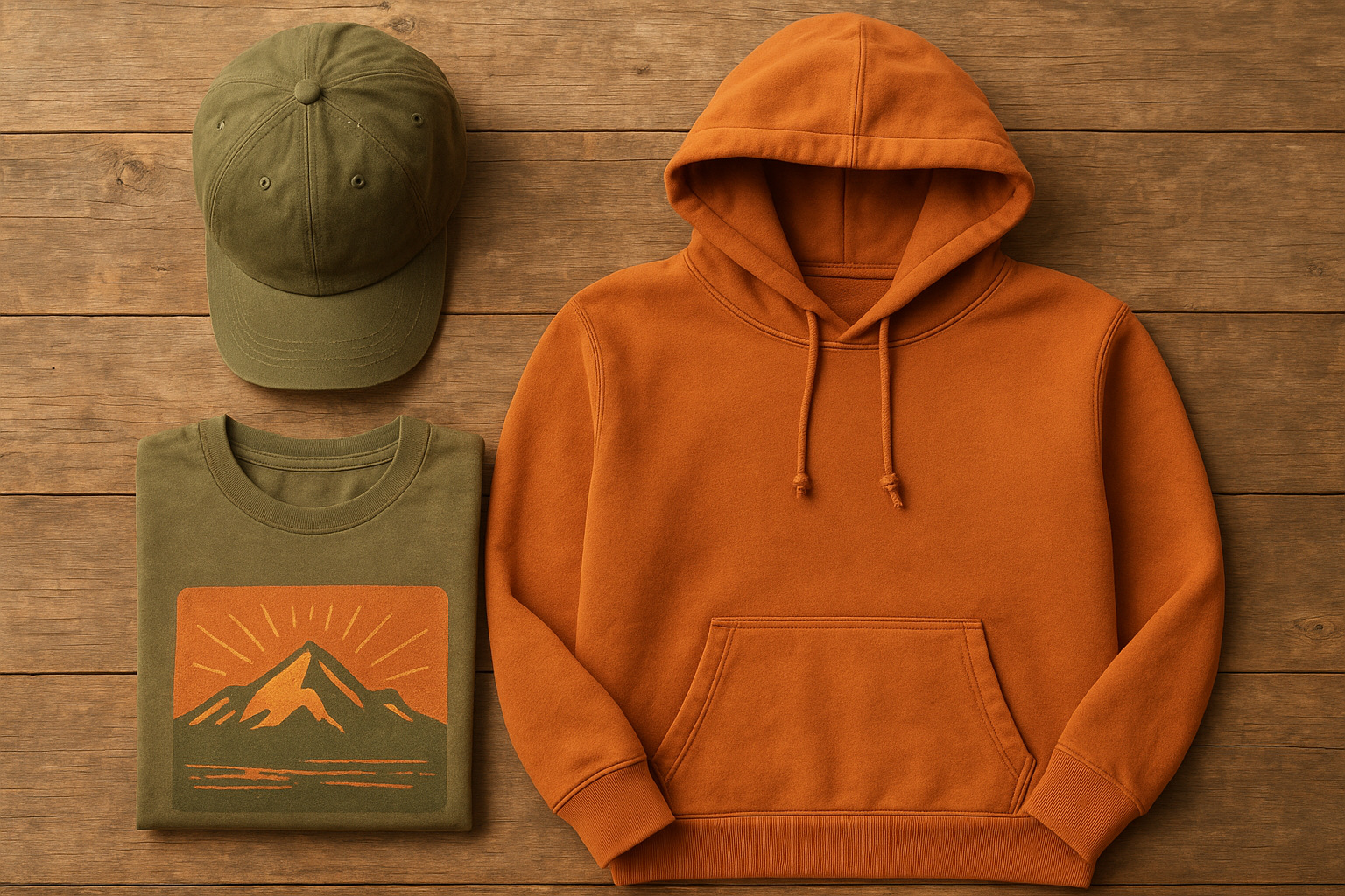 Flat lay of redneck-style hoodie, cap, and tee in vintage 70s color palette