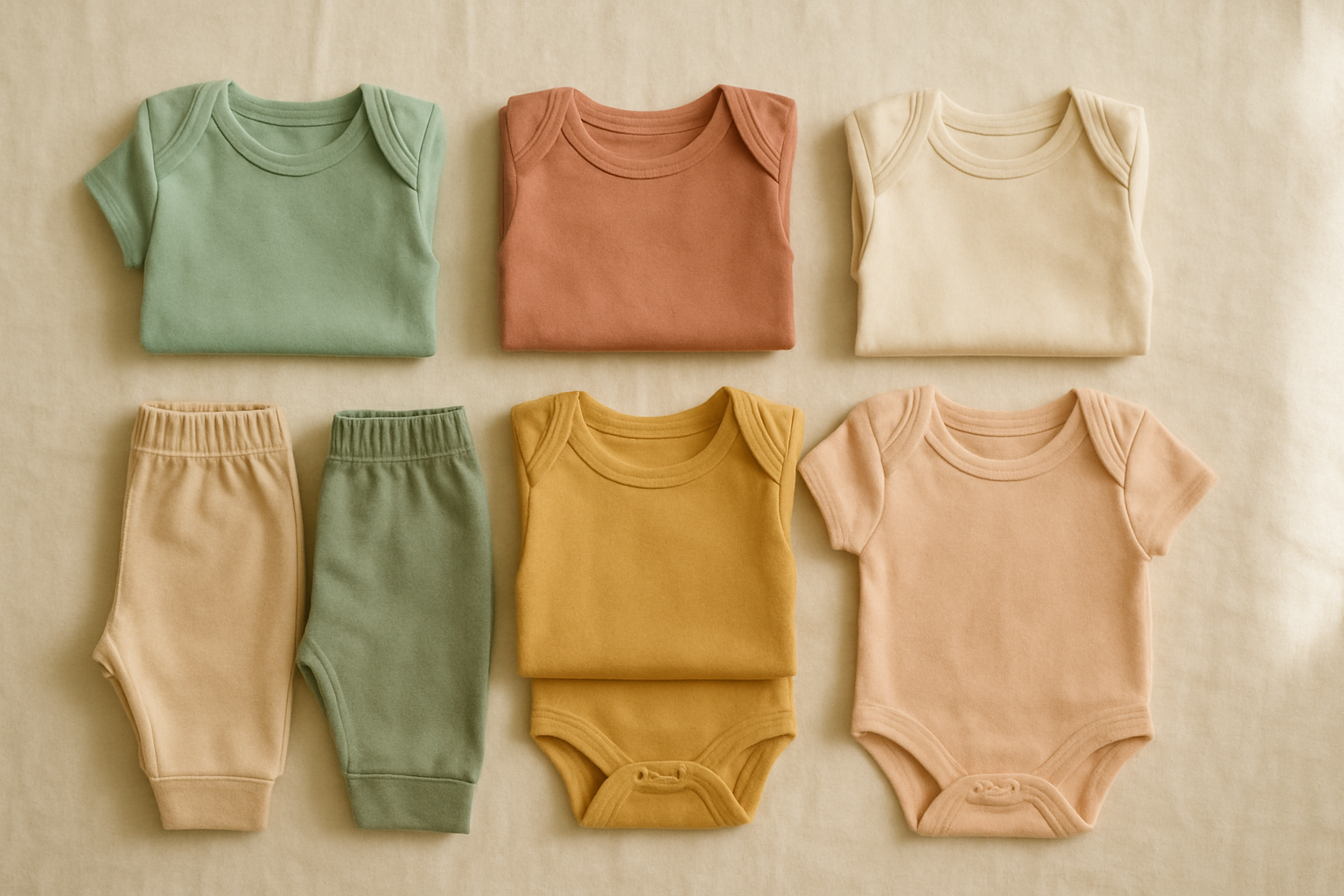 Flat lay of a growing kids clothing service bundle with folded children's clothes in pastel tones